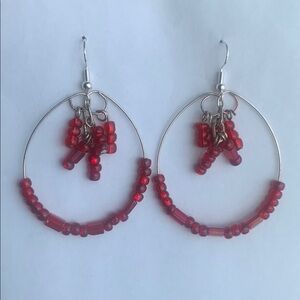 Elegant Ruby Red Glass Bead Handmade Hoop Earrings